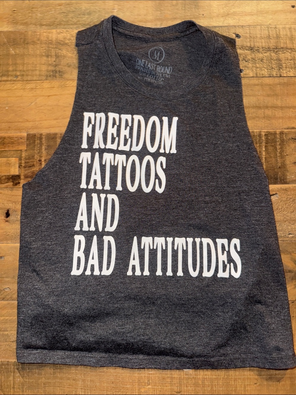 Women’s Charcoal Muscle Tee - Freedom Tattoos and Bad Attitudes